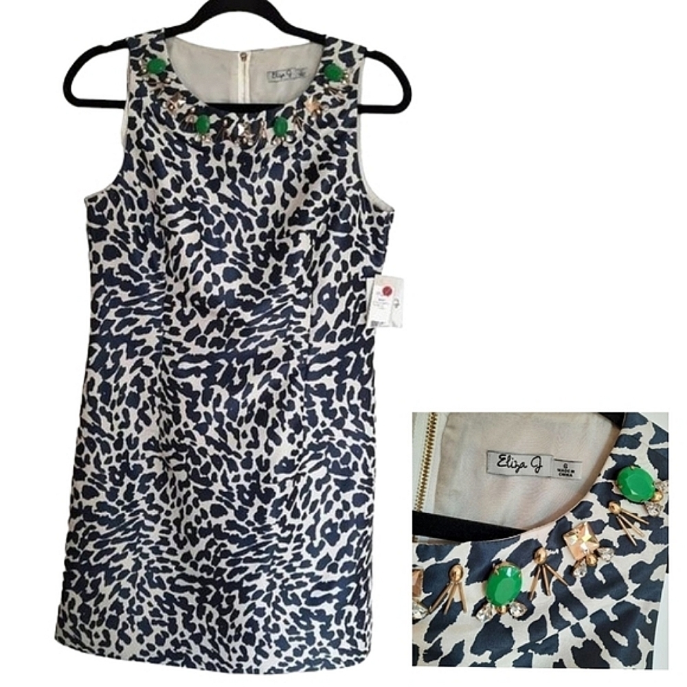 Eliza J Dress size 6 NWT Animal Print with Green and Gold Beads